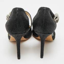 Pre Owned Jimmy Choo Black Coarse Glitter Peep Toe Ankle Strap Pumps Size 36