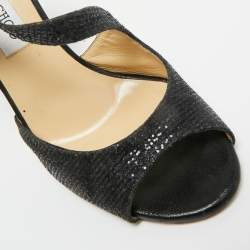 Pre Owned Jimmy Choo Black Coarse Glitter Peep Toe Ankle Strap Pumps Size 36
