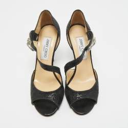 Pre Owned Jimmy Choo Black Coarse Glitter Peep Toe Ankle Strap Pumps Size 36