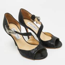 Pre Owned Jimmy Choo Black Coarse Glitter Peep Toe Ankle Strap Pumps Size 36
