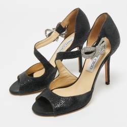 Pre Owned Jimmy Choo Black Coarse Glitter Peep Toe Ankle Strap Pumps Size 36
