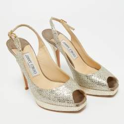 Pre Owned Jimmy Choo Gold Glitter Accents Peep Toe Slingback Pumps Size 36
