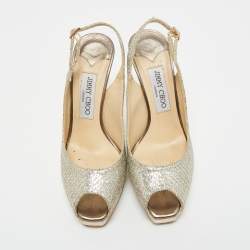 Pre Owned Jimmy Choo Gold Glitter Accents Peep Toe Slingback Pumps Size 36