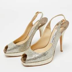 Pre Owned Jimmy Choo Gold Glitter Accents Peep Toe Slingback Pumps Size 36