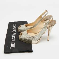 Pre Owned Jimmy Choo Gold Glitter Accents Peep Toe Slingback Pumps Size 36