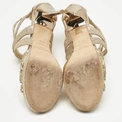 Pre Owned Jimmy Choo Gold Glitter and Leather Strappy Sandals Size 35.5