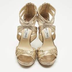 Pre Owned Jimmy Choo Gold Glitter and Leather Strappy Sandals Size 35.5