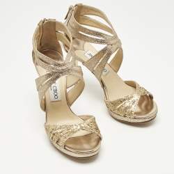Pre Owned Jimmy Choo Gold Glitter and Leather Strappy Sandals Size 35.5