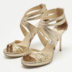 Pre Owned Jimmy Choo Gold Glitter and Leather Strappy Sandals Size 35.5