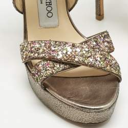 Pre Owned Jimmy Choo Multicolor Glitter and Leather Platform Ankle Strap Sandals Size 36