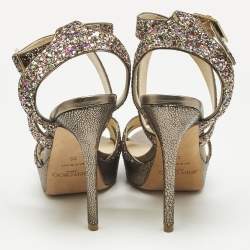 Pre Owned Jimmy Choo Multicolor Glitter and Leather Platform Ankle Strap Sandals Size 36
