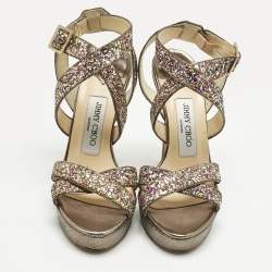 Pre Owned Jimmy Choo Multicolor Glitter and Leather Platform Ankle Strap Sandals Size 36