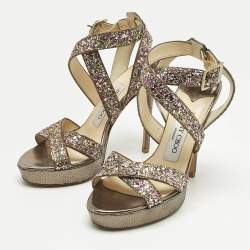 Pre Owned Jimmy Choo Multicolor Glitter and Leather Platform Ankle Strap Sandals Size 36