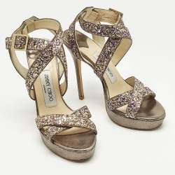 Pre Owned Jimmy Choo Multicolor Glitter and Leather Platform Ankle Strap Sandals Size 36