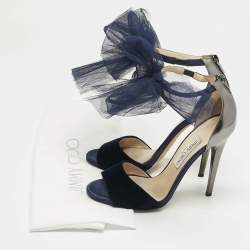 Pre Owned Jimmy Choo Blue/Grey Velvet And Leather Bow Lilyth Ankle Strap Sandals Size 39.5