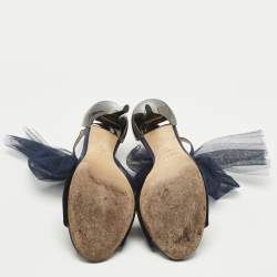 Pre Owned Jimmy Choo Blue/Grey Velvet And Leather Bow Lilyth Ankle Strap Sandals Size 39.5