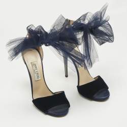 Pre Owned Jimmy Choo Blue/Grey Velvet And Leather Bow Lilyth Ankle Strap Sandals Size 39.5