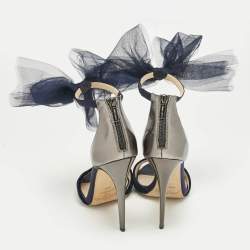 Pre Owned Jimmy Choo Blue/Grey Velvet And Leather Bow Lilyth Ankle Strap Sandals Size 39.5