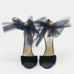 Pre Owned Jimmy Choo Blue/Grey Velvet And Leather Bow Lilyth Ankle Strap Sandals Size 39.5