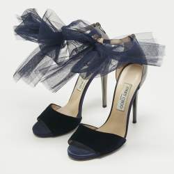 Pre Owned Jimmy Choo Blue/Grey Velvet And Leather Bow Lilyth Ankle Strap Sandals Size 39.5