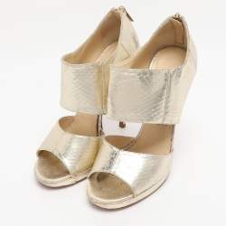 Pre Owned Jimmy Choo Gold Python Embossed Leather Private Peep Toe Sandals  Size 38