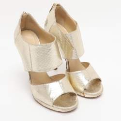Pre Owned Jimmy Choo Gold Python Embossed Leather Private Peep Toe Sandals  Size 38