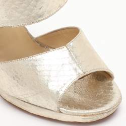 Pre Owned Jimmy Choo Gold Python Embossed Leather Private Peep Toe Sandals  Size 38