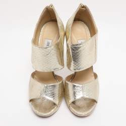 Pre Owned Jimmy Choo Gold Python Embossed Leather Private Peep Toe Sandals  Size 38