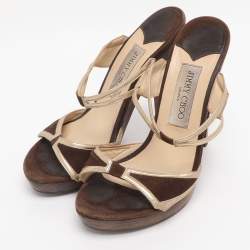 مملوكة مسبقًا Jimmy Choo Brown/Gold Leather and Suede Henri Wooden Slide Sandals Size 37