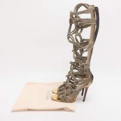 Pre Owned Jimmy Choo Gold/Beige Snake And Knot Rope Kanoder Knee Length Boots 38