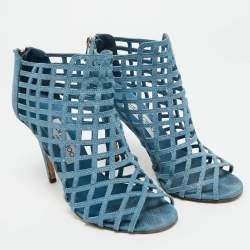 Pre Owned Jimmy Choo Blue Denim Dassa Peep Toe Cage Ankle Boots Size 37