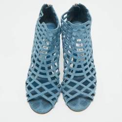 Pre Owned Jimmy Choo Blue Denim Dassa Peep Toe Cage Ankle Boots Size 37