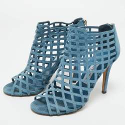 Pre Owned Jimmy Choo Blue Denim Dassa Peep Toe Cage Ankle Boots Size 37
