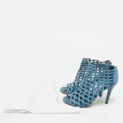 Pre Owned Jimmy Choo Blue Denim Dassa Peep Toe Cage Ankle Boots Size 37