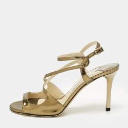 Pre Owned Jimmy Choo Gold Leather Paxton Ankle Strap Sandals Size 36.5