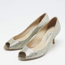 Pre Owned Jimmy Choo Silver Glitter Isabel Peep Toe Pumps Size 35.5
