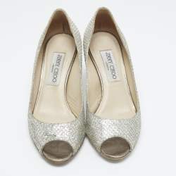 Pre Owned Jimmy Choo Silver Glitter Isabel Peep Toe Pumps Size 35.5