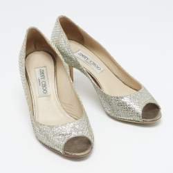 Pre Owned Jimmy Choo Silver Glitter Isabel Peep Toe Pumps Size 35.5