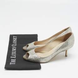 Pre Owned Jimmy Choo Silver Glitter Isabel Peep Toe Pumps Size 35.5