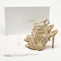 Pre Owned Jimmy Choo Beige Mesh and Suede Crystal Embellished Slingback Sandals Size 37