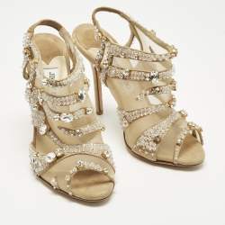 Pre Owned Jimmy Choo Beige Mesh and Suede Crystal Embellished Slingback Sandals Size 37