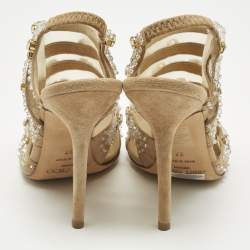 Pre Owned Jimmy Choo Beige Mesh and Suede Crystal Embellished Slingback Sandals Size 37