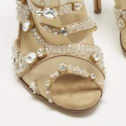 Pre Owned Jimmy Choo Beige Mesh and Suede Crystal Embellished Slingback Sandals Size 37