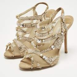 Pre Owned Jimmy Choo Beige Mesh and Suede Crystal Embellished Slingback Sandals Size 37