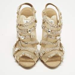 Pre Owned Jimmy Choo Beige Mesh and Suede Crystal Embellished Slingback Sandals Size 37