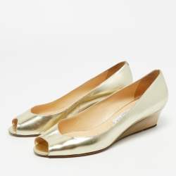 Pre Owned Jimmy Choo Metallic Gold Leather Baxen Wedge Peep Toe Pumps 39