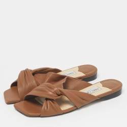 Pre Owned Jimmy Choo Brown Leather Crisscross Flat Slides Size 41