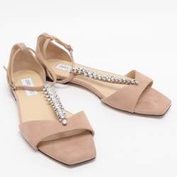 Pre Owned Jimmy Choo Beige Suede Bella Ankle Strap Flats Size 38.5