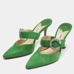 Pre Owned Jimmy Choo Green Suede Crystal Embellished Marta Mules Size 38