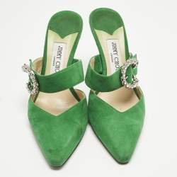 Pre Owned Jimmy Choo Green Suede Crystal Embellished Marta Mules Size 38